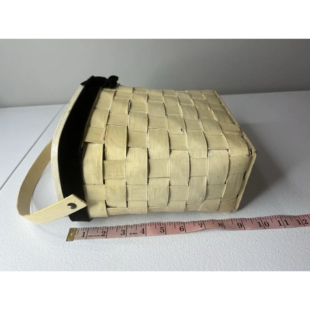 VTG Top Handle Wood‎ Basket Purse Floral Lid Woven Handbag Decoupage MCM